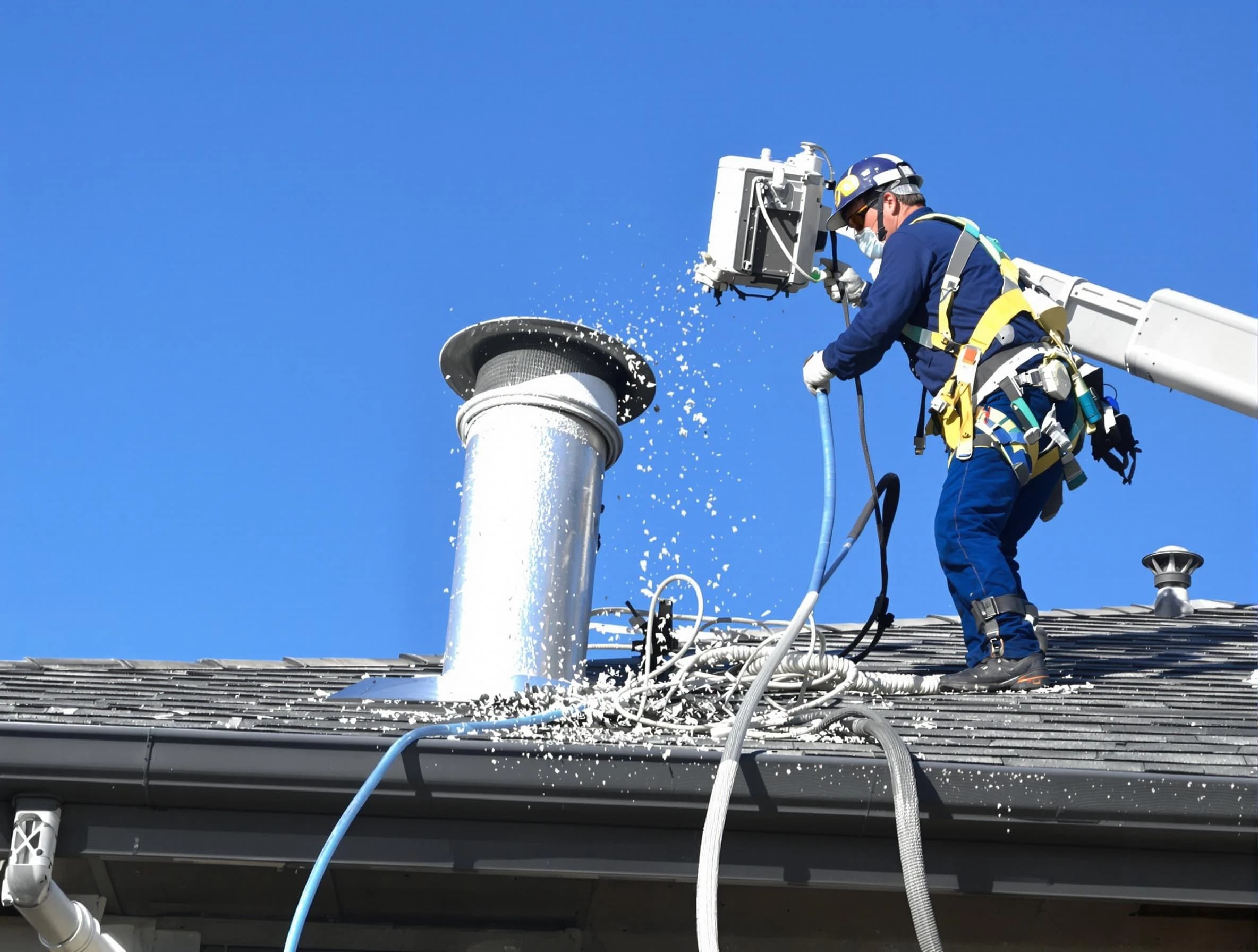 Castle Pines Dryer Vent Cleaning certified technician safely cleaning a roof-mounted dryer vent in Castle Pines
