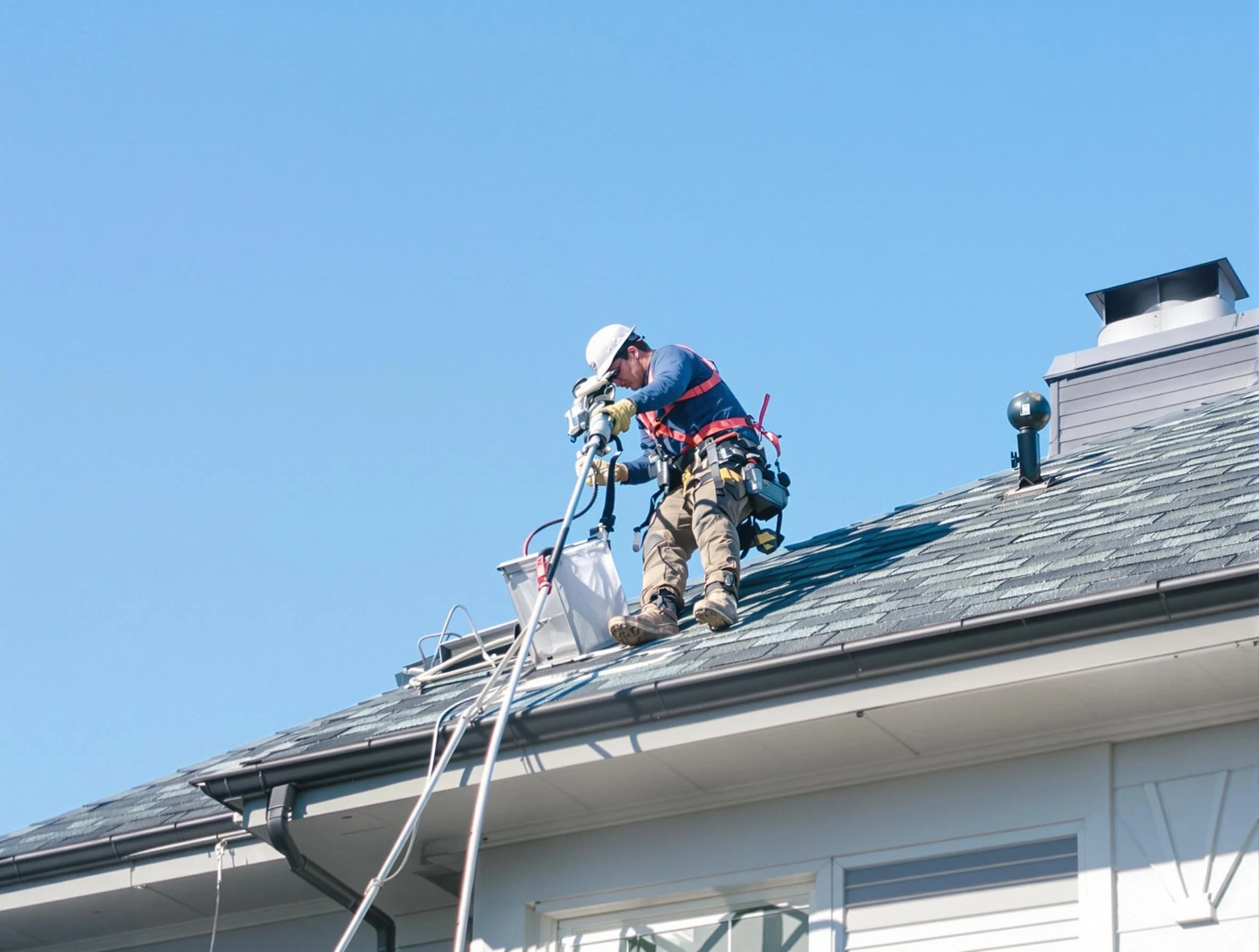 Castle Pines Dryer Vent Cleaning certified technician cleaning a roof-mounted dryer vent system in Castle Pines