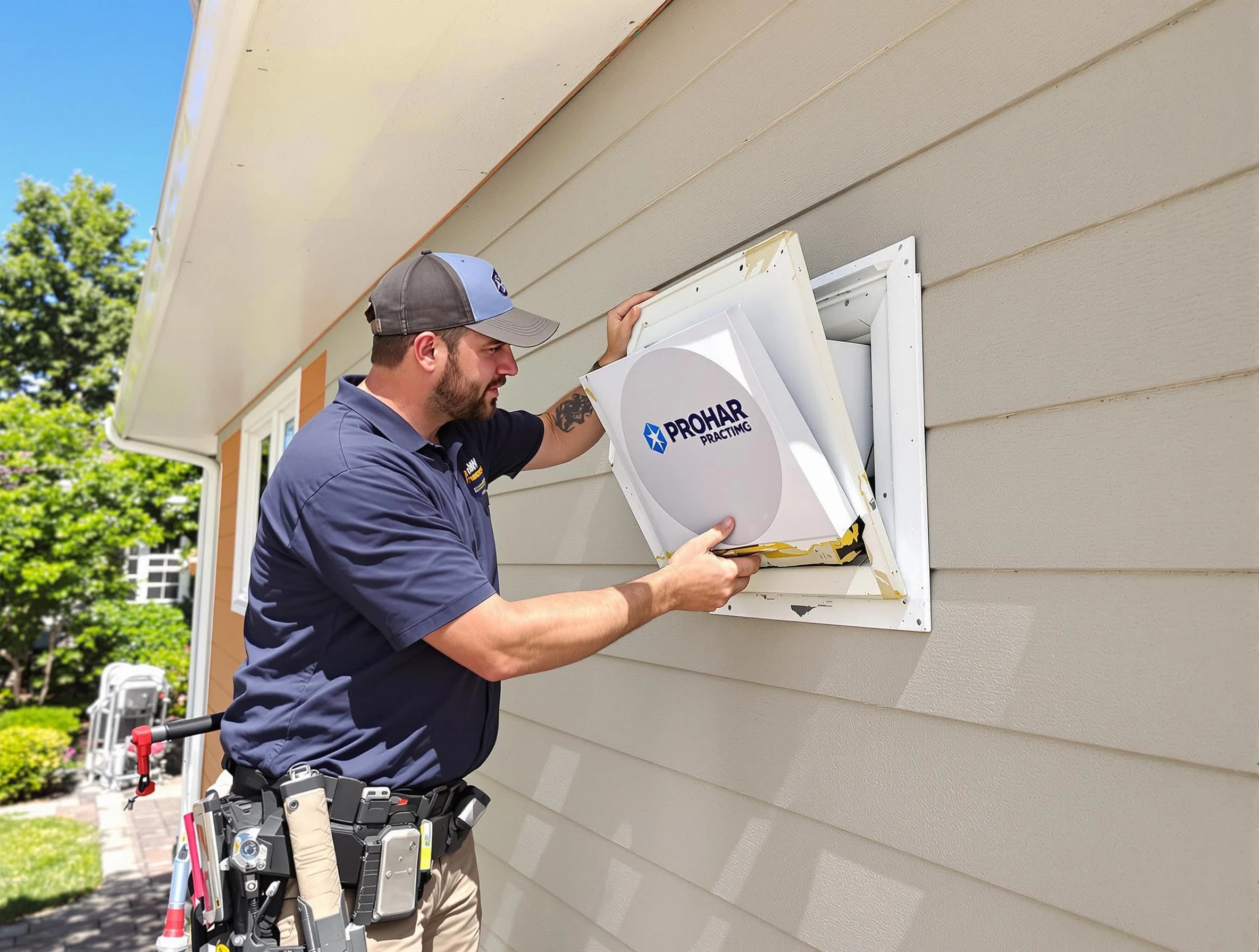 Castle Pines Dryer Vent Cleaning technician installing a new protective dryer vent cover on a home in Castle Pines